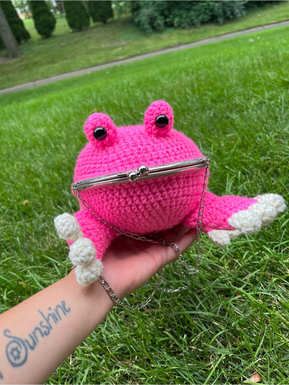 Handmade Pink Frog Crochet Crossbody Purse